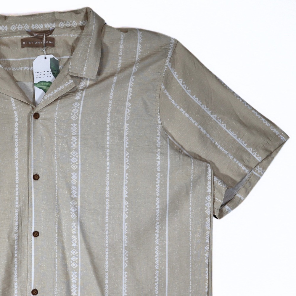 Distortion Mens XXL‎ Tan Tribal Print Short Sleeve Rayon Camp Shirt Casual NWT